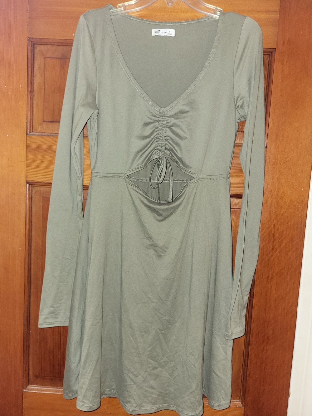 Hollister Olive Green Long Sleeve V-Neck Dress with Front Ruched Tie